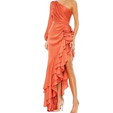 Mac Duggal One Shoulder Ruffle Maxi Gown Coral Orange Style 4953 Size 2 NWT