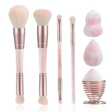Pink Makeup Brushes set, 4 Dual-Ended Brushes, 3 Makeup Sponges  1 Metal Stand,