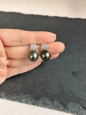 Genuine Tahitian Pearl Earrings 12m Peacock Green Round Tahitian Pearls M Design