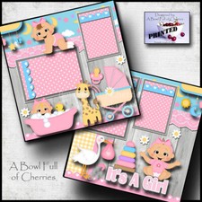BABY GIRL  SHOWER  BATH  2 premade scrapbook pages paper printed CHERRY 0220