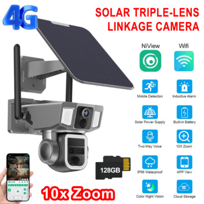 4G/WIFI Solar Überwachungskamera Dreifach-Objektiv 10X Zoom PTZ IR Cam 4MP DE