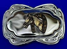 Raised Horse Head Through Lucky Horseshoe -Reflective Western Framed Belt Buckle