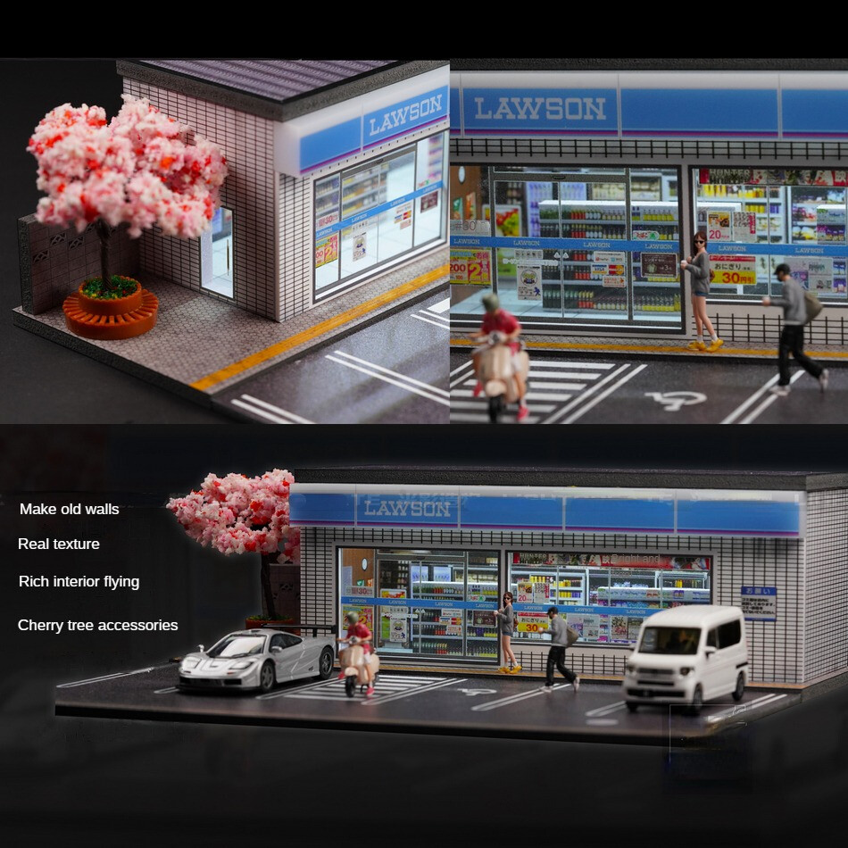 Diorama 1/64 Car Garage Model LED Lighting City Convenience Store