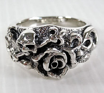 SKULL ROSE TATTOO 925 STERLING SILVER BAND RING GOTHIC DESIGNER NEW  JEWELLERY