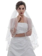 2T 2 Layer Fingertip Silver Thread Floral Beads Veil Bridal Shower Wedding Party