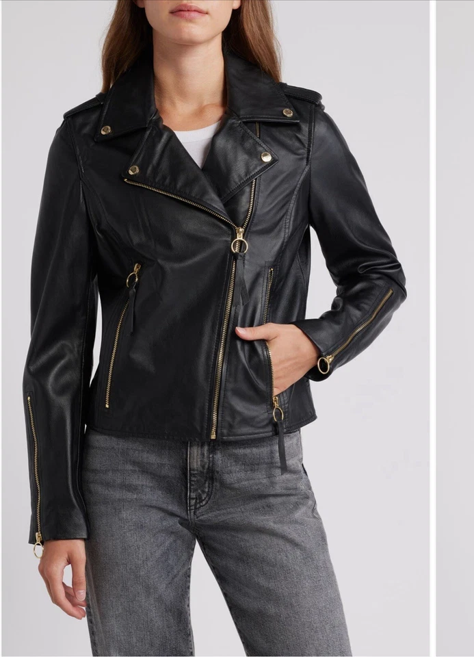 Chaqueta de Motociclista Sam Edelman Piel de Cordero Cuero Floral Negra 3XL NUEVA CON ETIQUETAS $380 Foto 4 de 4
