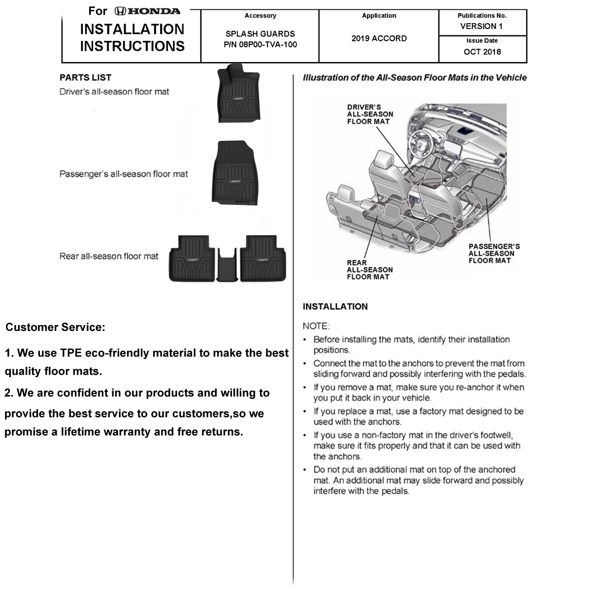 TPE Rubber Floor Mats for 20182022 Honda Accord All Weather Liners