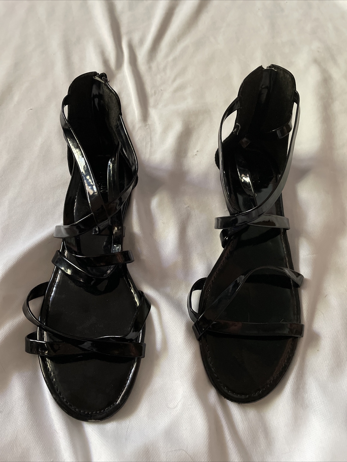 Max Collection Black Sandals WOMEN Size 11 Flat Strappy Zipper Back Shiny |  eBay