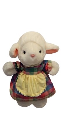 Vintage Softsheen Caltoy Lamb Sheep Standing White Flocked Nose Checkered Dress