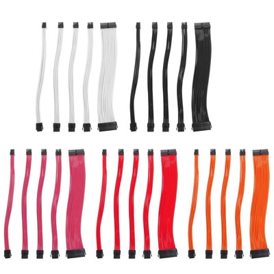 5 PCS 18AWG Sleeved PSU Extension Power Cord / Cable Kits ATX 24Pin / 8P(4+4P