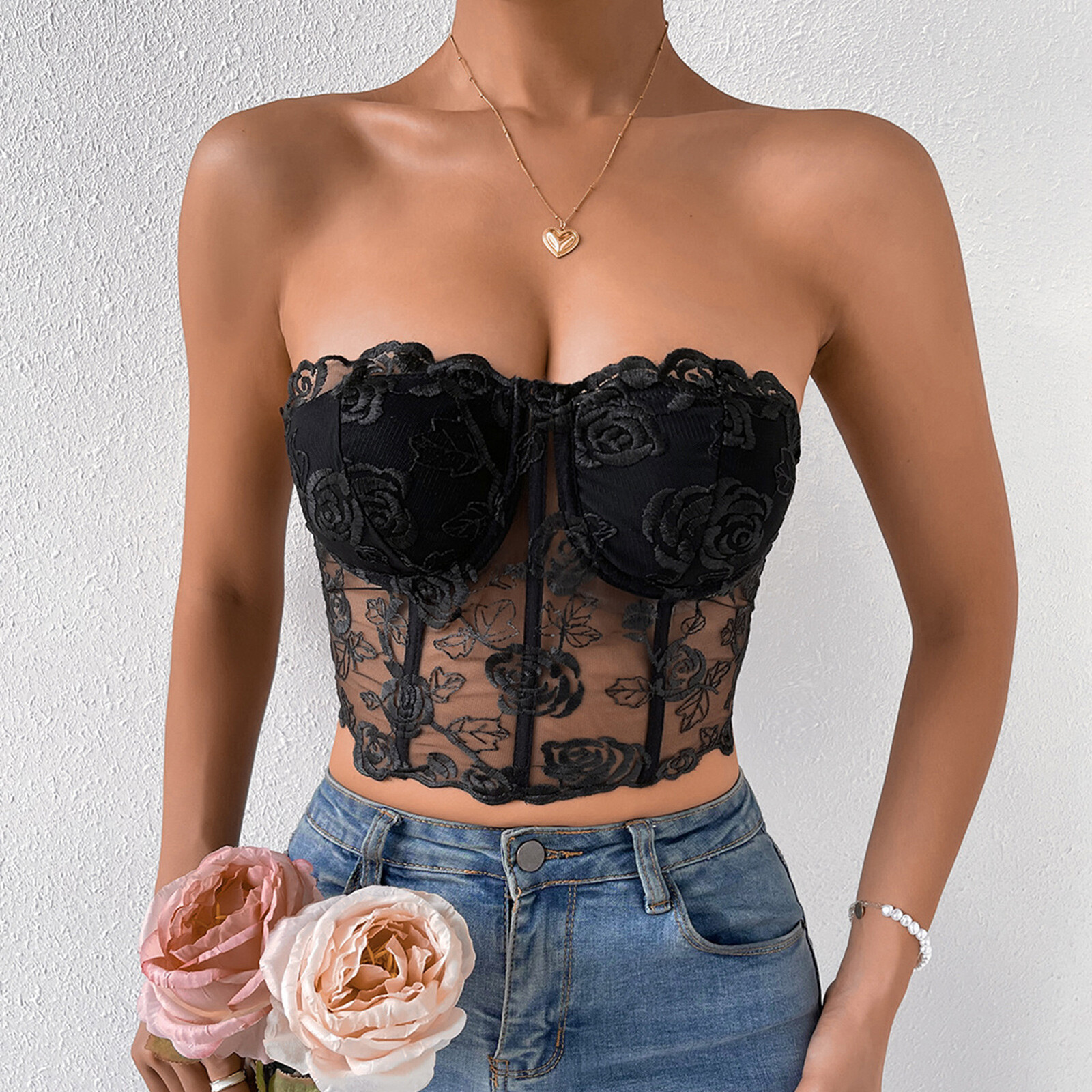 Womens Embroidery See Through Corset Strapless Underwire Closure