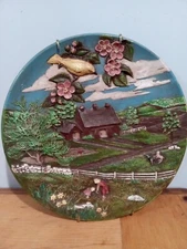 3D Painted  Farm Ceramic Wall Plaque 10” Byron Molds 1980’s Plate