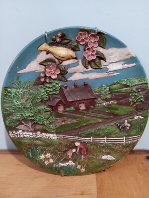 3D Painted  Farm Ceramic Wall Plaque 10  Byron Molds 1980 s Plate