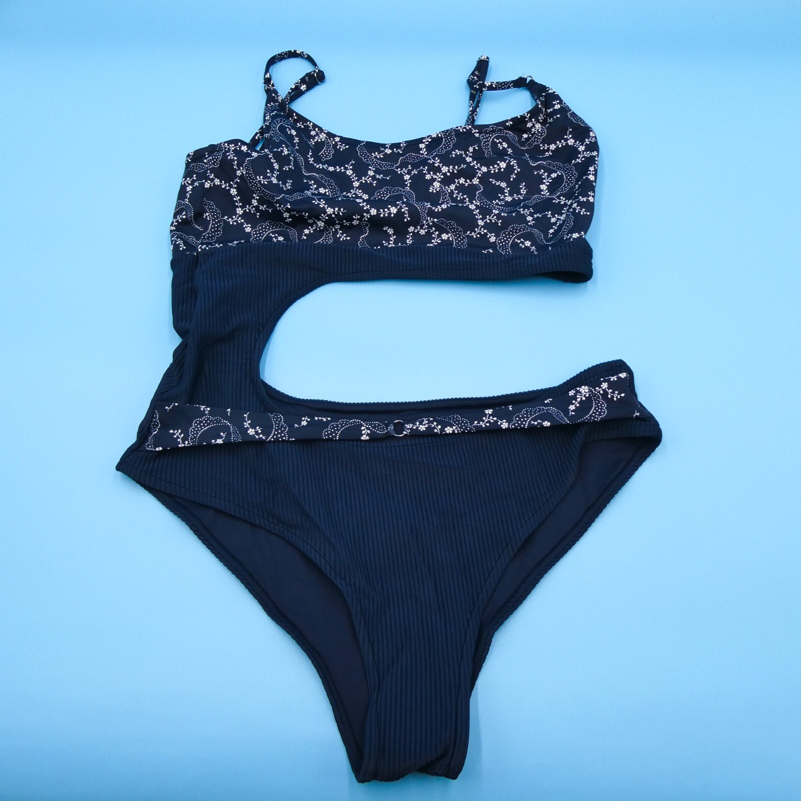 Frankies Bikinis Large Black Floral Ribbed Cutout One Piece Swimsuit Beach New