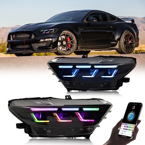 Fits Ford Mustang 2015 2016 2017 Clear RGB LED Headlights Assembly Pair LH+RH - Picture 2 of 20