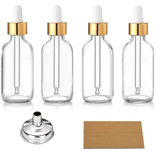 Set of 4, 2 Oz Golden Cap Clear Dropper Bottles (60Ml) with 1 Funnel & 4 Labels