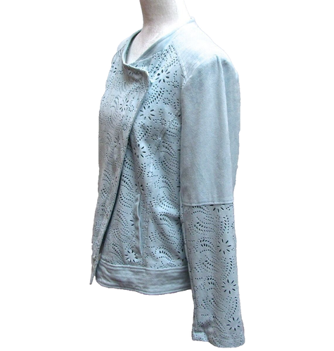 Pale Blue Faux Suede Jacket Floral Cutout Zippered Chicos Womens Size 2 L 12 - Picture 4 of 11