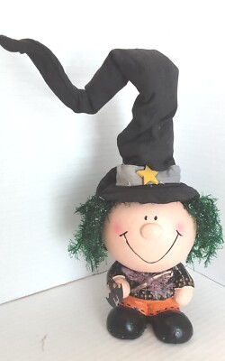 Happy Witch Halloween Ceramic Figurine Holding Bat Sun Point Co. 