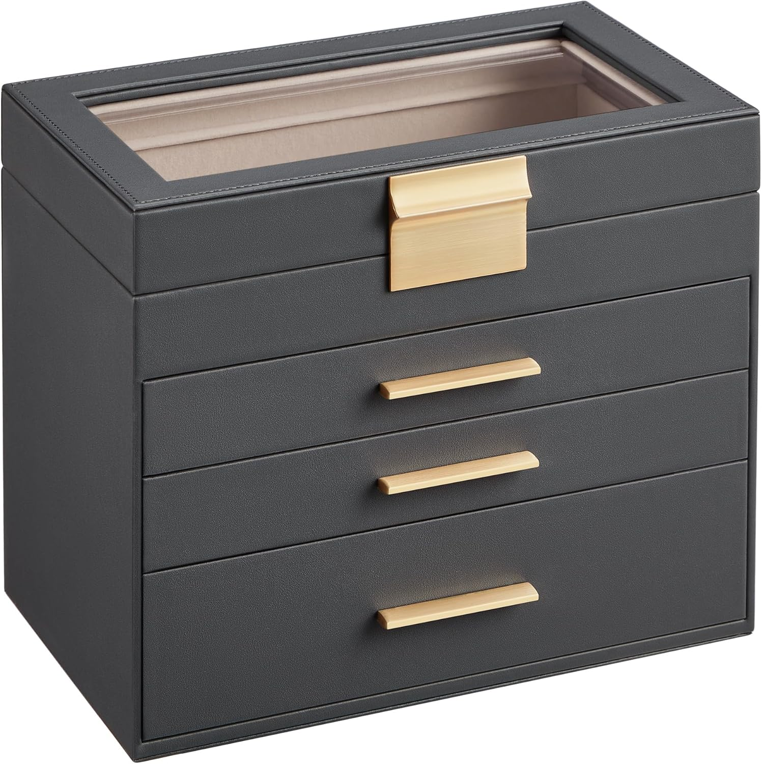 Jewelry Box with Glass Lid, 4-Layer Jewelry Organizer, 3 Drawers, for Sunglasses-image