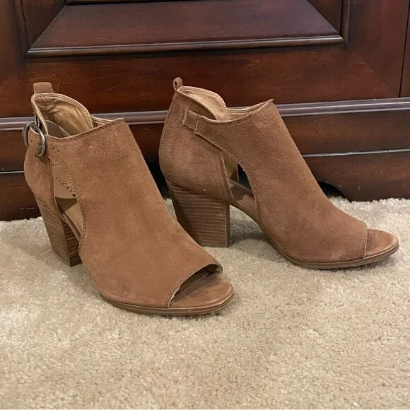 Lucky Brand Oona Tan Heel Peep Toe Buckle Ankle Strap Booties