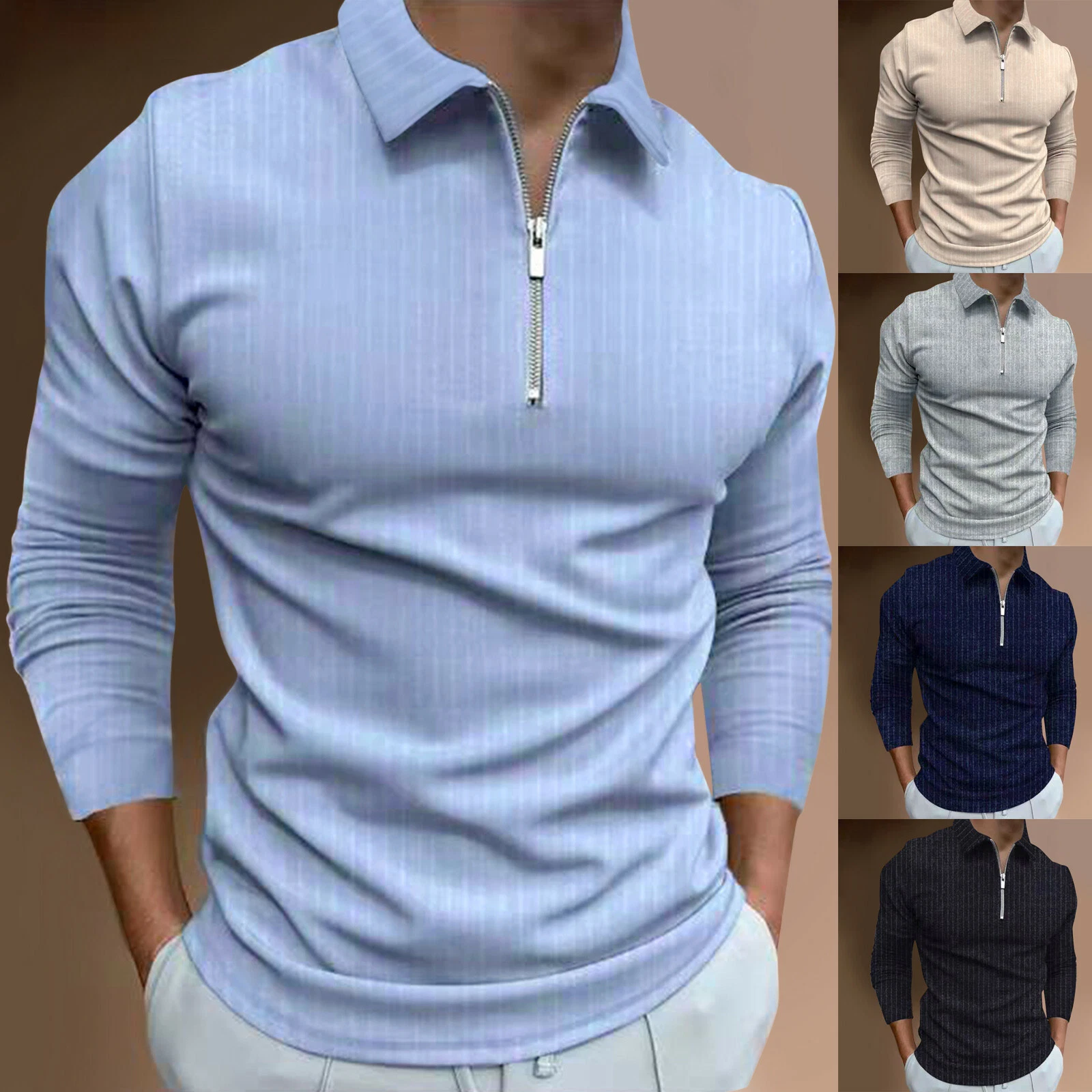 Mens Polo Shirts Zipper Long Sleeve T-Shirts Tipping Collar Casual Tops Blouse