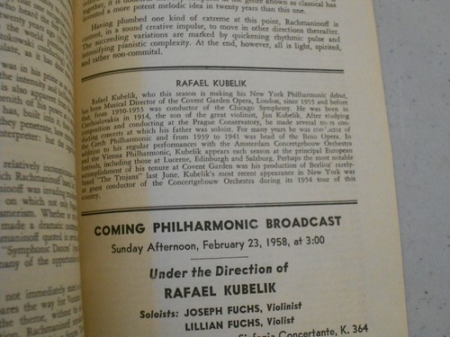 RARE FEB 16 1958 RUDOLF FIRKUSNY NY NEW YORK PHILHARMONIC PROGRAM RAFAEL KUBELIK - Picture 2 of 3
