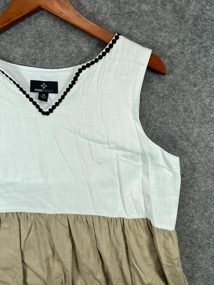 Ronni Nicole Dress Womens Medium White Brown Linen Blend Sleeveles Casual Ladies - Image 4 of 4