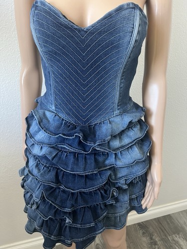 Guess Y2K Melia Denim Ruffle Strapless Bustier Blue Jean Stretch Mini Dress Sz 5 - Picture 12 of 24