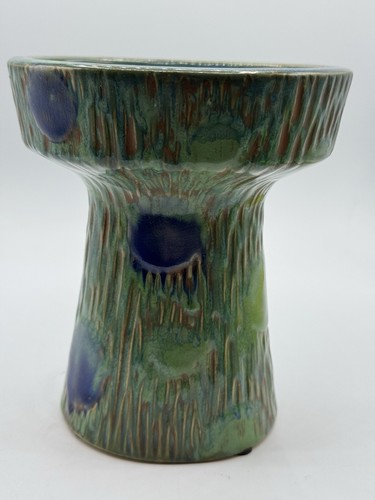 Arts and Crafts Era Pedestal Candle Holder in Blue / Green and Brown 6” Tall - Picture 3 of 8