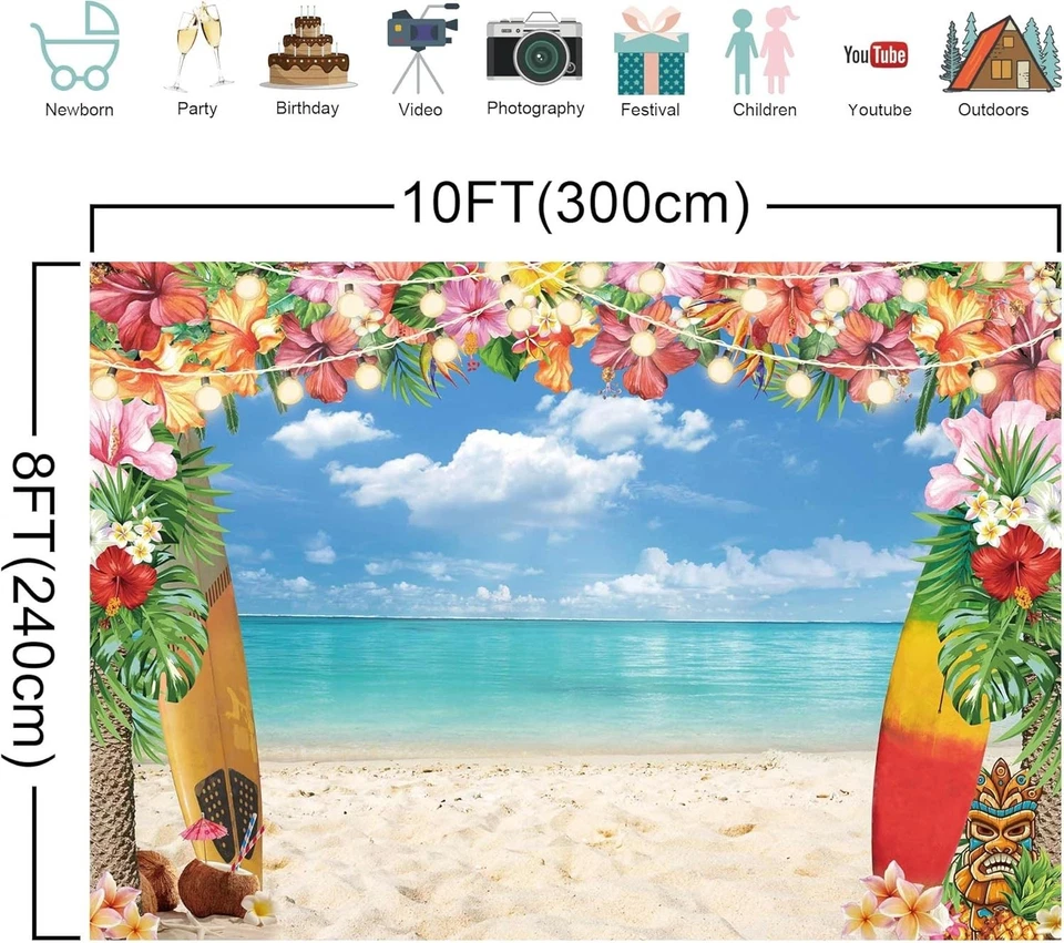 10x8ft Hawaiian Beach Backdrop Tropical Luau Party Photo Supplies Decor - Image 4 of 4