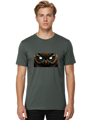 Owl-With-Glowing-Eyes Mens Graphic Tee, 100% Cotton, Casual Summer Wear