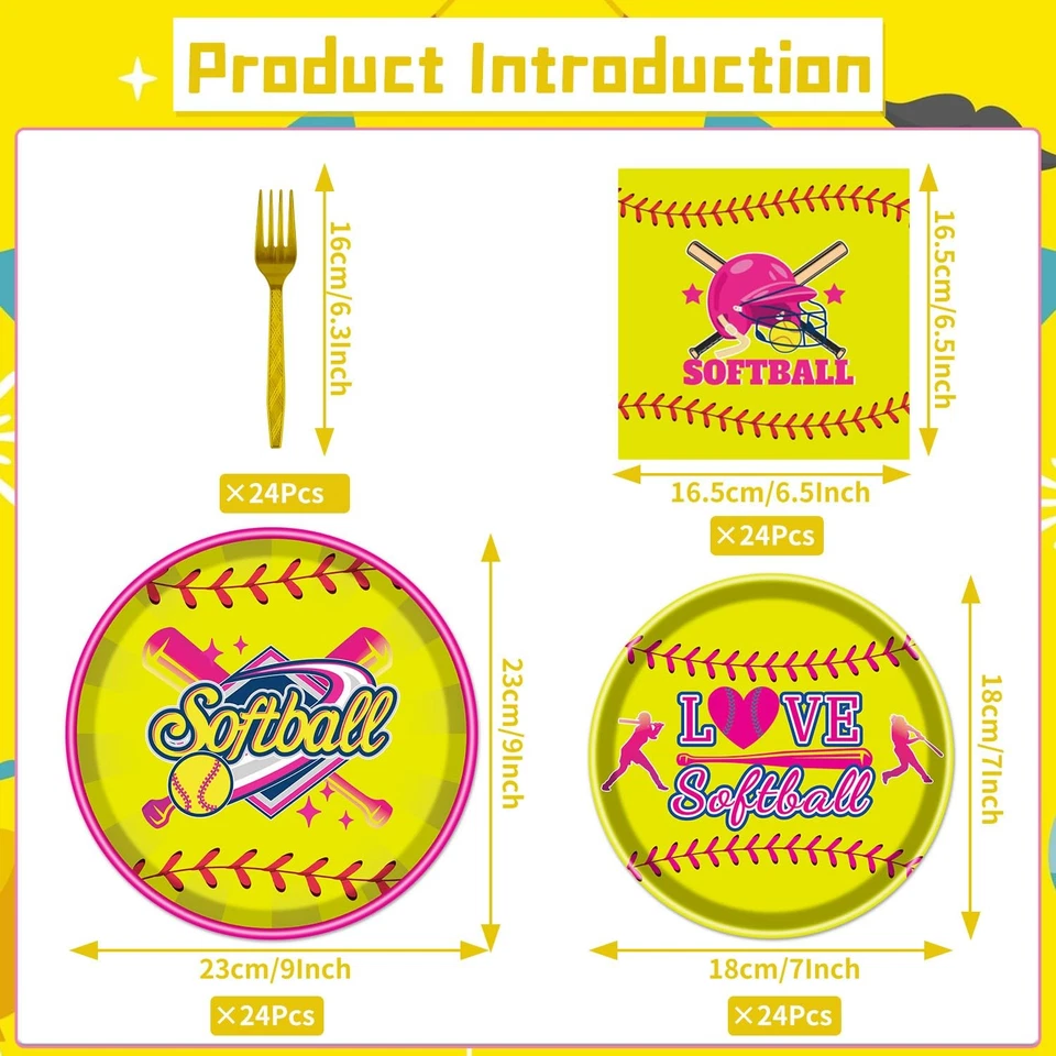 96PCS Softball Party Tableware Set Plates Napkins Forks Decorations Baby Shower - Image 3 of 4