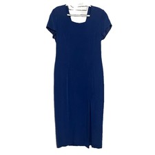 Adrianna Papell Size 8 Petite 100% Silk Blue Midi Sheath Dress Slit Elegant