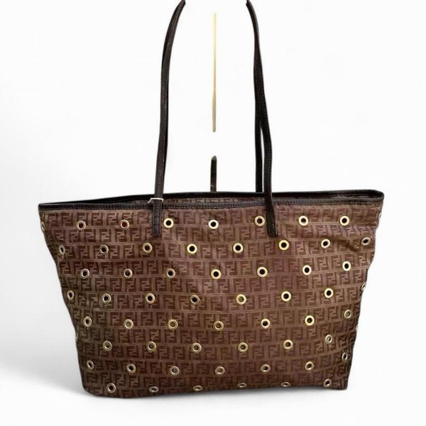 Fendi Zucca Brown Canvas Tote Shoulder Bag Gold HW Eyelet Accents Pouch