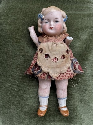 Antique Pudgy Tummy Blue Bow Mignonette Jointed Miniature Bisque 5  Doll German