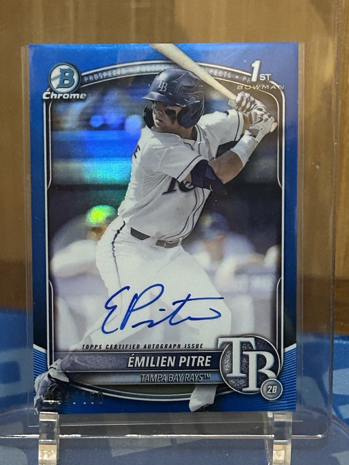 2025 Bowman Chrome Emilien Pitre True Blue Refractor Autograph 034/150 CPA-EPI
