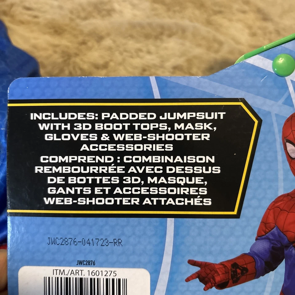 蜘蛛侠万圣节服装儿童大号10-12衬垫紧身衣手套蜘蛛侠 — 第 3/4 张图片