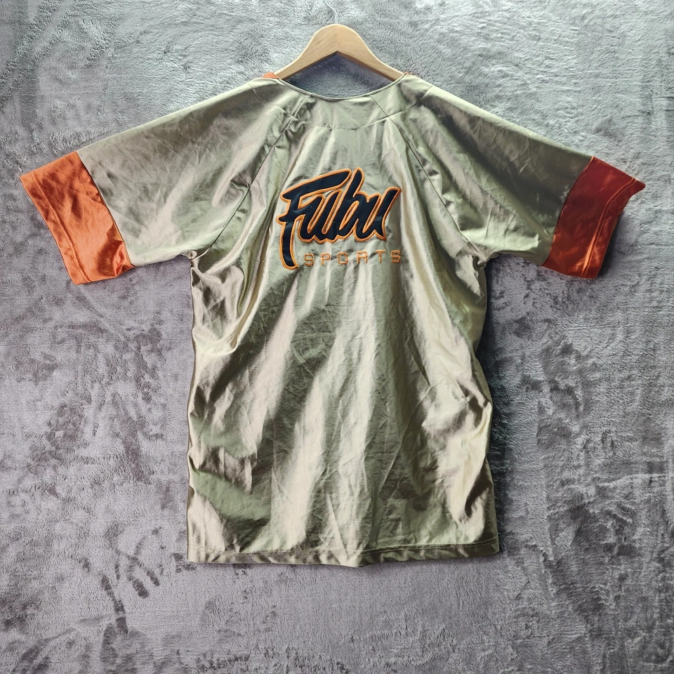 Vintage FUBU Sports Baseball Jersey Gold Orange Black Satin Button Shirt Size L - Image 2 of 4