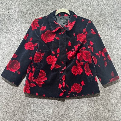 Talbots Blazer Jacket Women 4P Black Red Rose Floral Velvet Career Holiday
