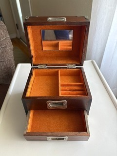 VTG Wood Jewelry Box with windup song operational very nice condition for age.