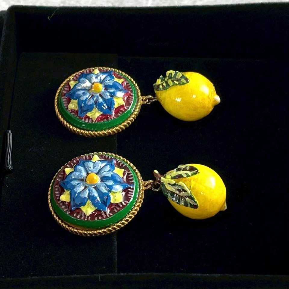 Dolce & Gabbana Lemon Ceramic Flower Earrings With Box Authenticity Card Vintage - Image 4 of 4