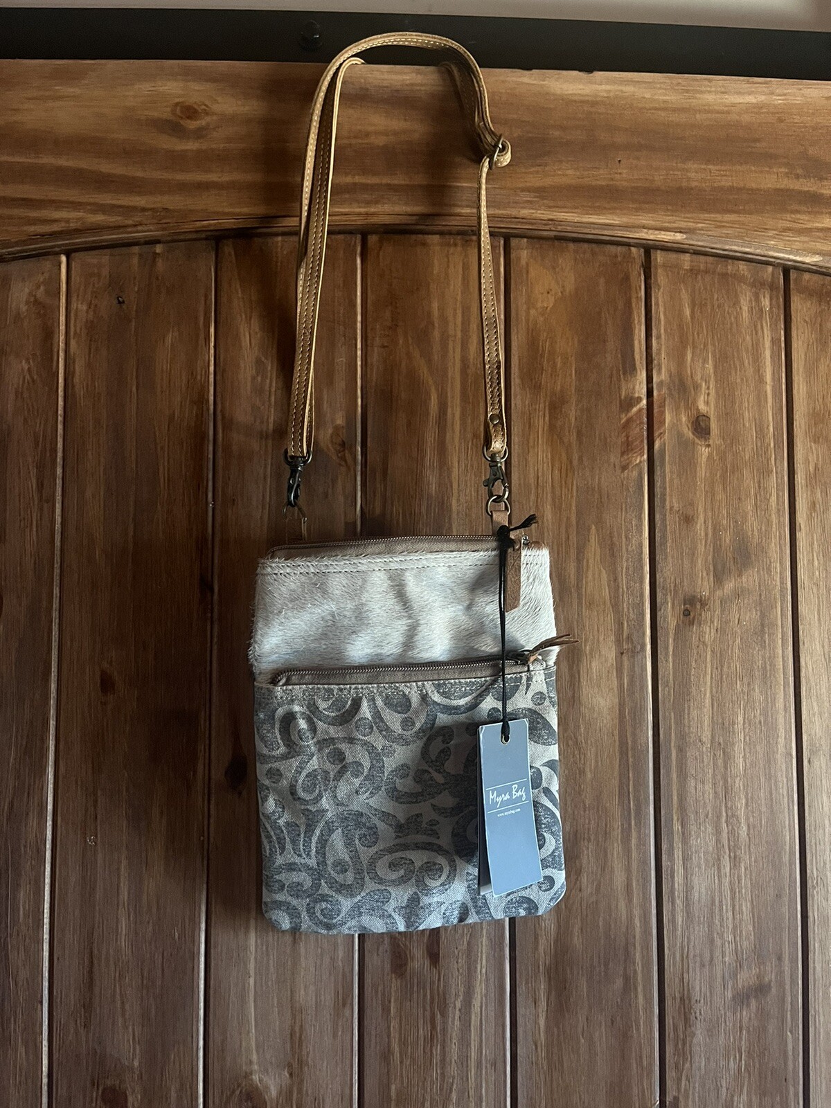 Stylish Myra Cowhide Crossbody Bag with Dual Zip Pockets and Canvas Design-image