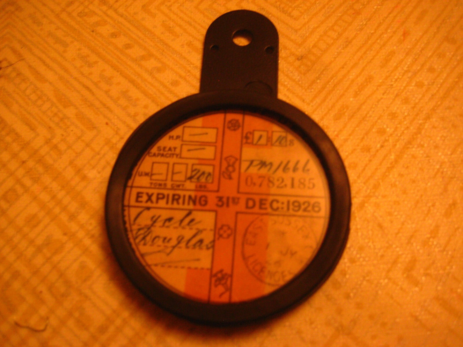 GREAT BRITAIN DOUGLAS MOTORCYCLE DEC 1926 PM 1666 RARE METAL TAX DISC