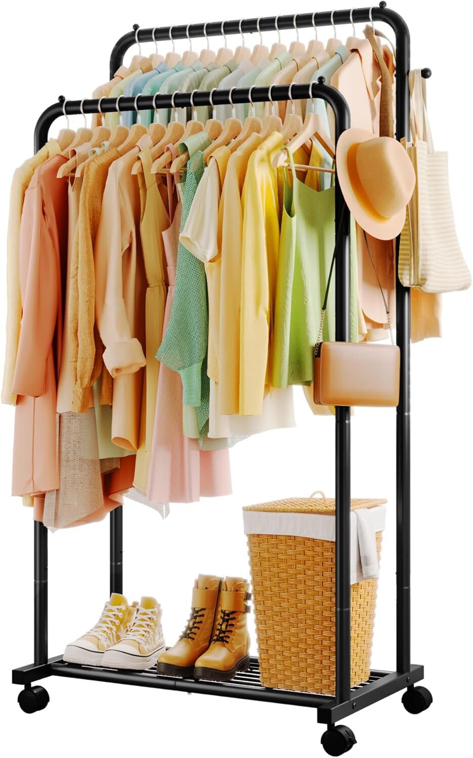 Clothes Rack - Double Rods Clothing Rack with Mesh Shelf, Hooks & Wheels, Metal-image