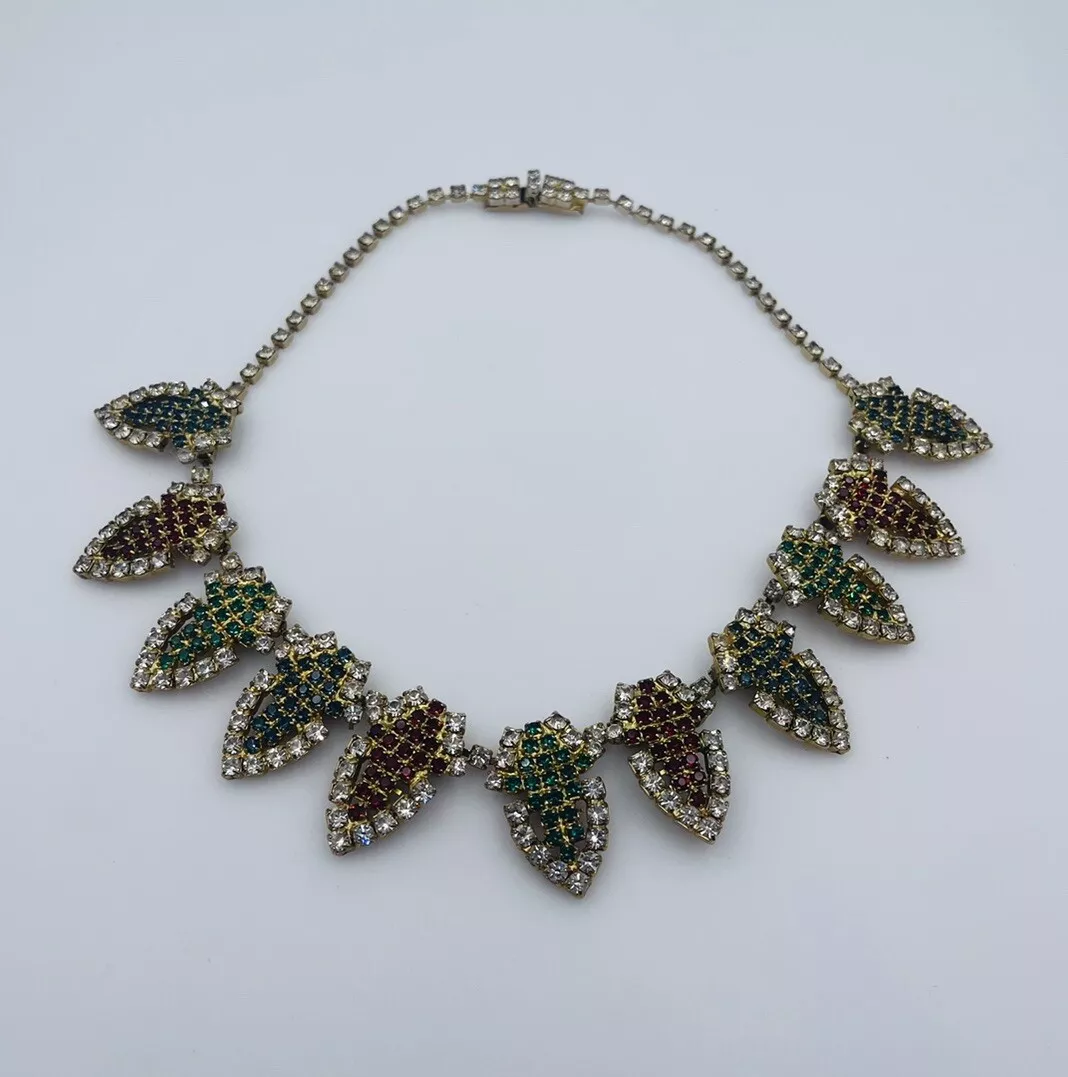 Hobe Vintage Gold Plated Red Blue Green Glass Rhinestone Necklace