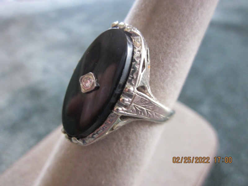Antique Art Deco 14k White Gold Diamond & Onyx Ladies Filigree Ring/ A BEAUTY!!!