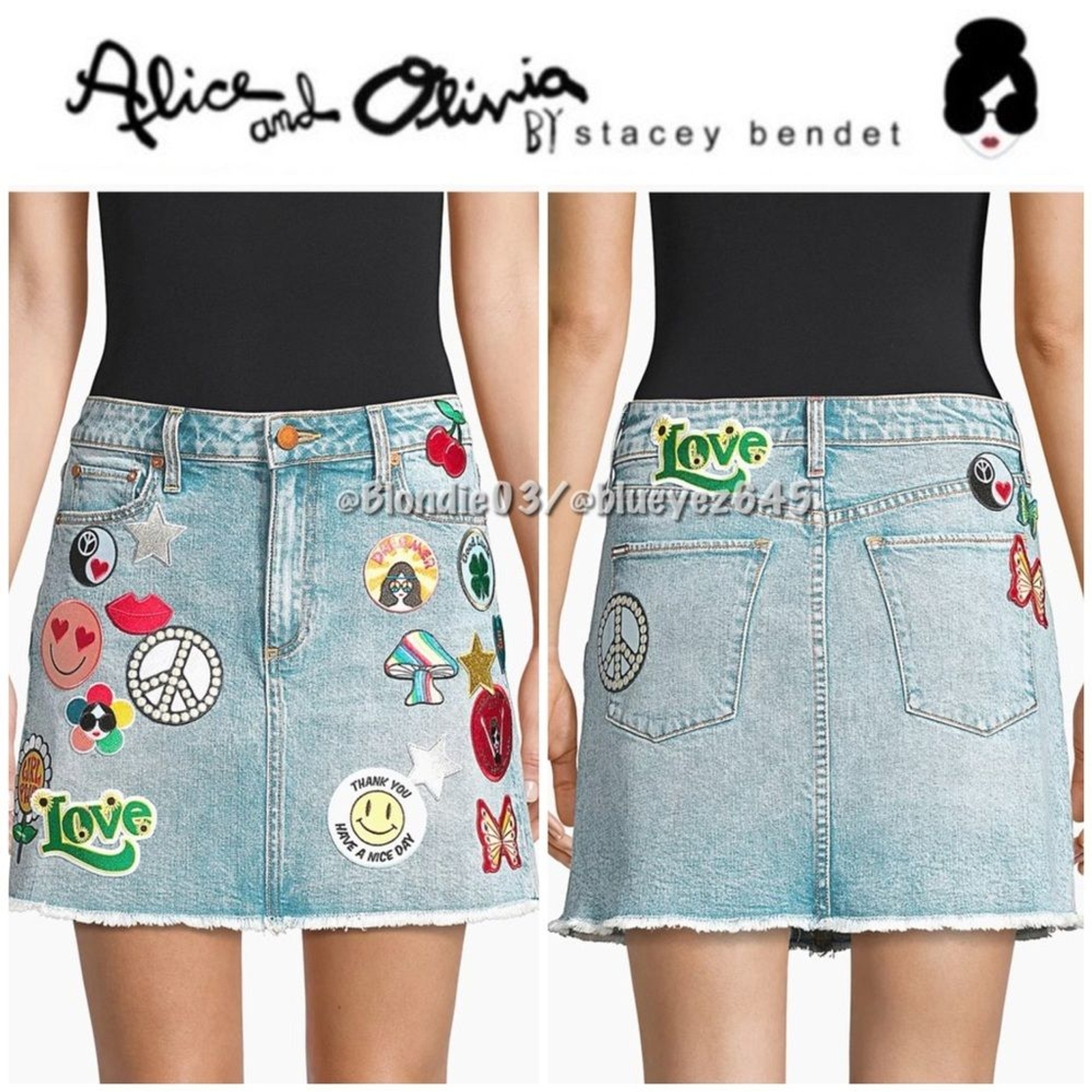 Alice + Olivia good high rise patch A-line denim skirt 29