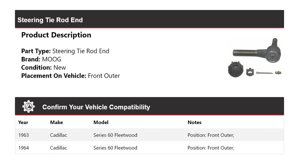 Para Cadillac Serie 60 Fleetwood 1963-1964 Barra de dirección Extremo Delantero Exterior MOOG Foto 2 de 4