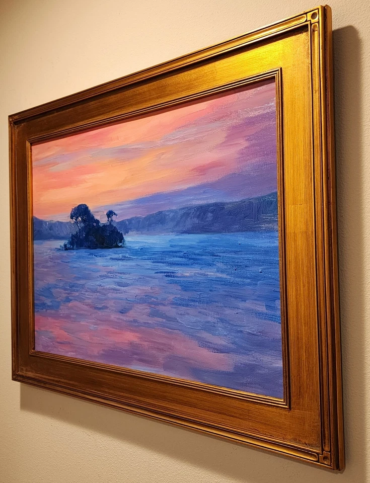 Pintura al óleo original de paisaje del suroeste americano puesta de sol en marco de hoja de oro Foto 3 de 4