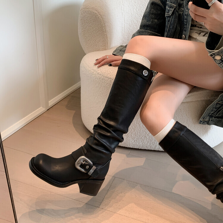 Western Womens Buckle Knight Knee High Boots Real Leather Mid